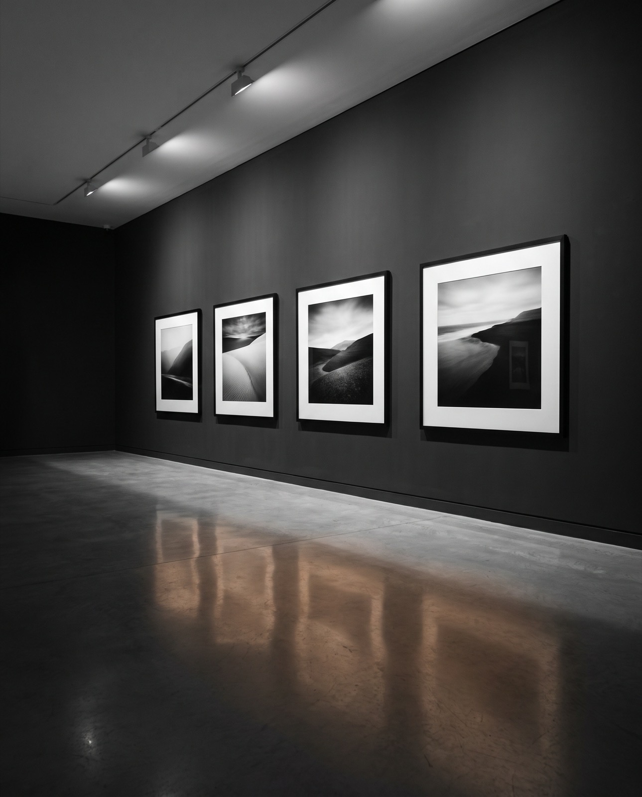 Sala espositiva con quattro grandi stampe fotografiche incorniciate